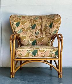 RARE Mid Century 1950s Heywood Wakefield Bent Rattan Lounge Chair - One Owner, Original Fabric