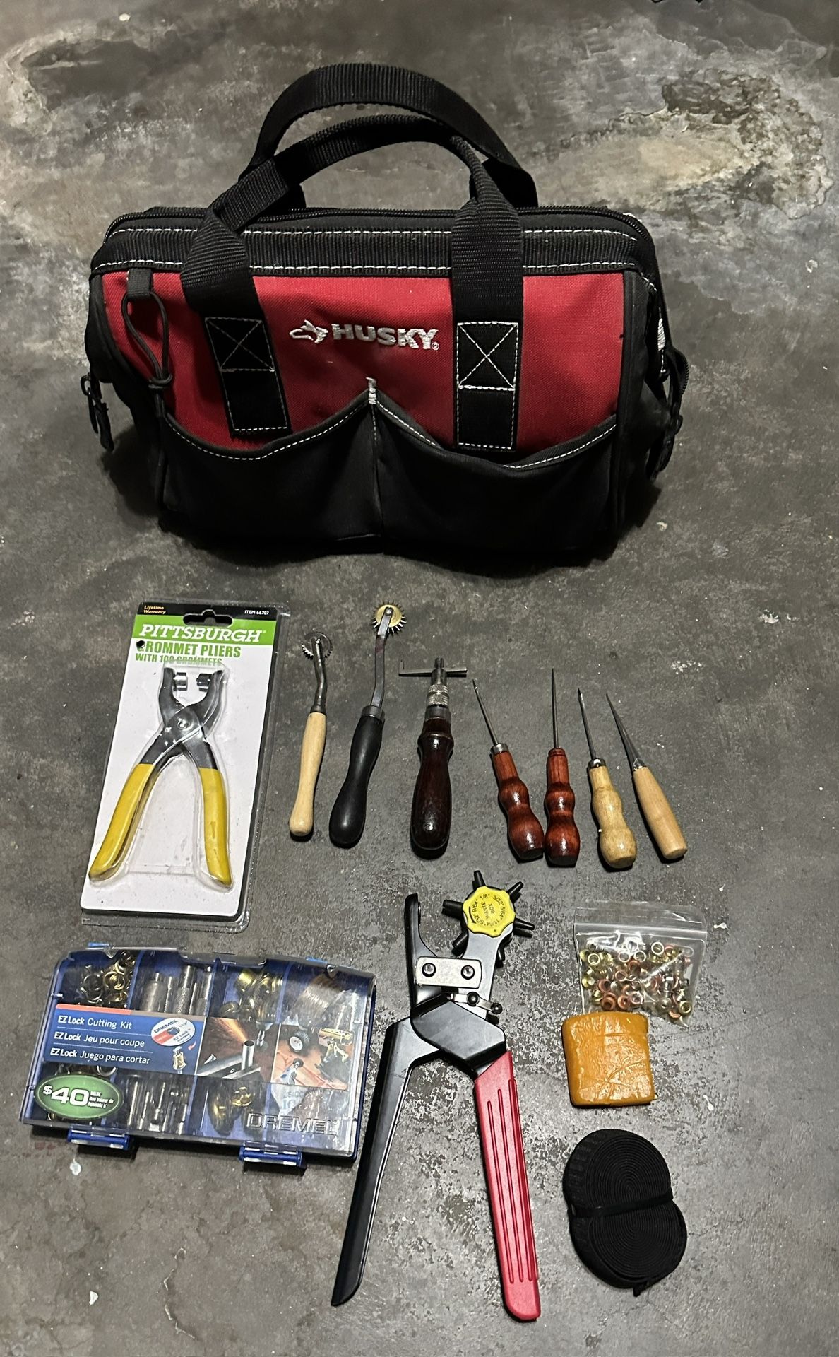 Husky Tool Bag With Pittsburgh Grommet Pliers Plus Other Tools