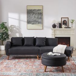 107 Contemporary Sofa Stylish Sofa Couch with a Round Storage Ottoman and Three Removable Pillows for Living Room, Black