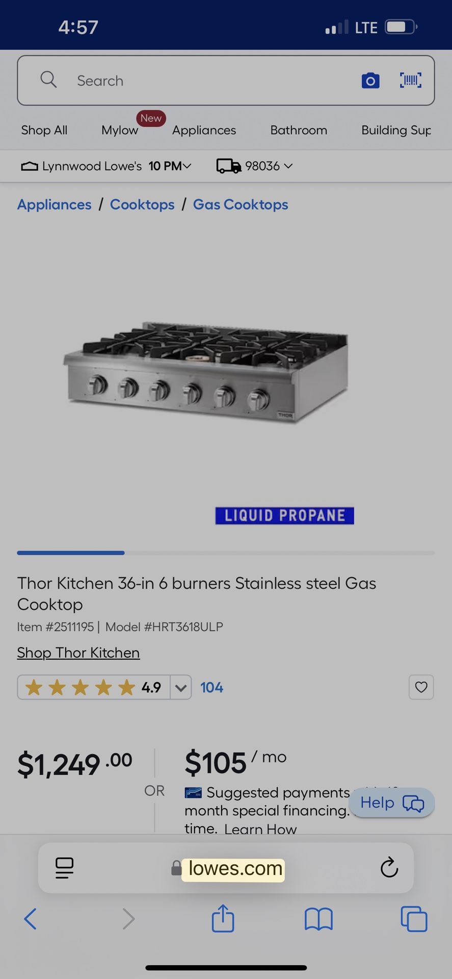 Thor Kitchen 36-in 6 burners Stainless steel Gas Cooktop