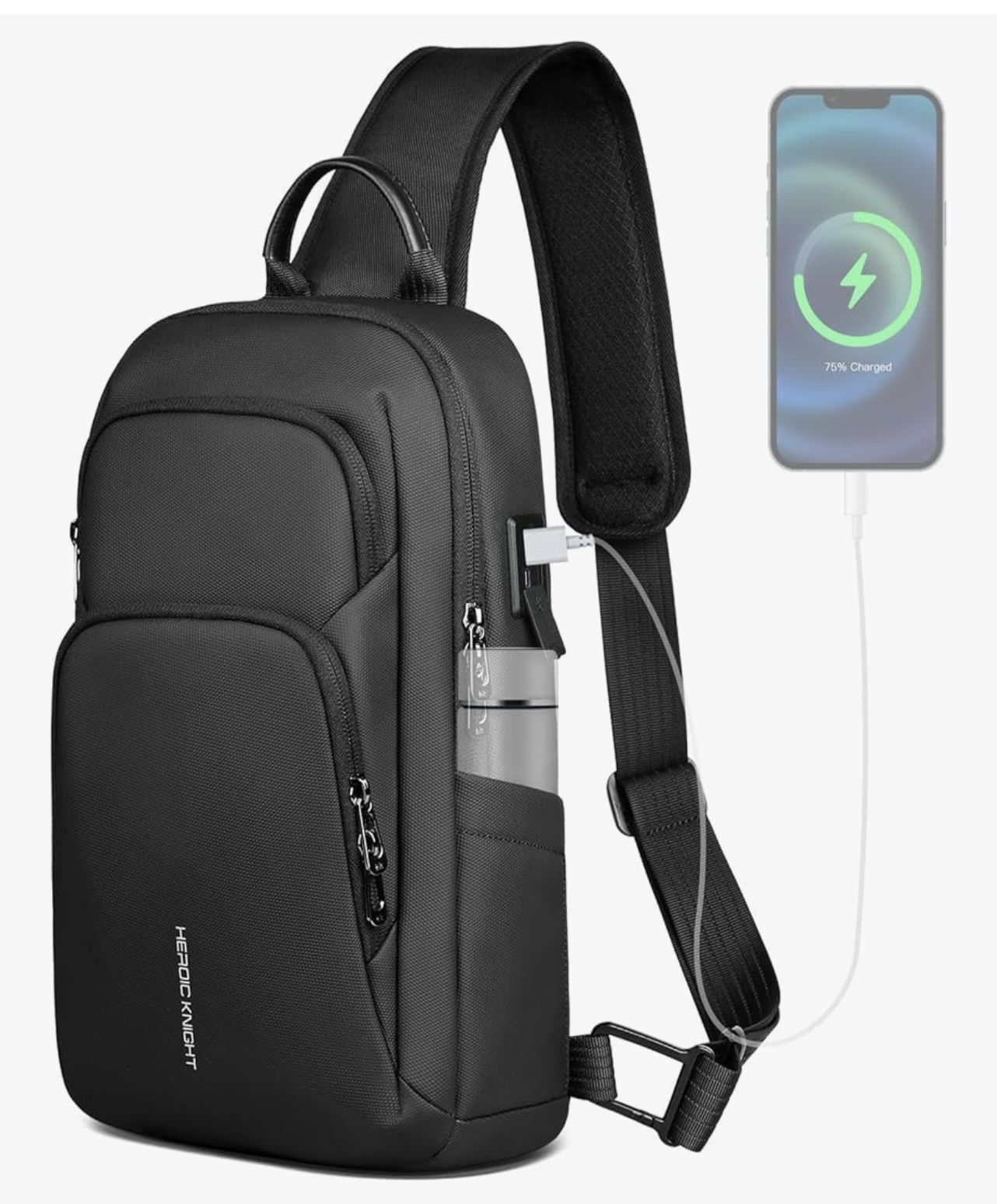 hk Black Men’s Crossbody Sling Bag With USB Charging Port