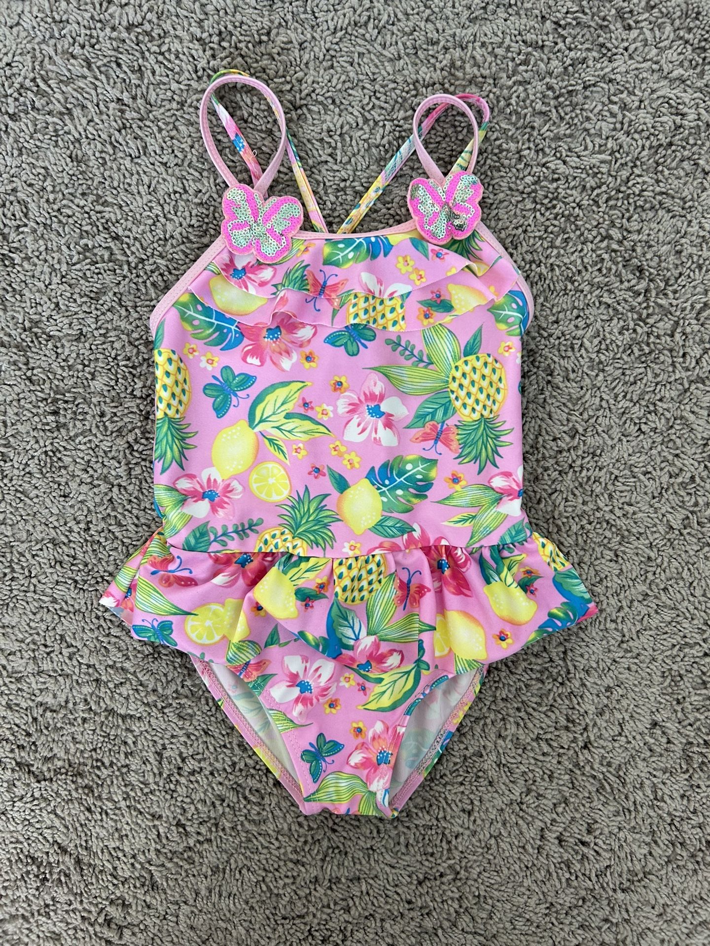 4-5 Size Girls Bathing Suit Floral With Butterflies & Ruffles
