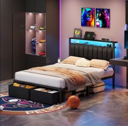 Platform Bed Frame with LED Headboard and Storage Drawers