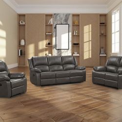 Brand New Grey Leather 3pc Reclining Sofa Set 