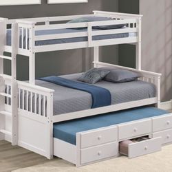 Brand New White Twin Over Full Bunk Bed w Trundle Bed + Drawers 