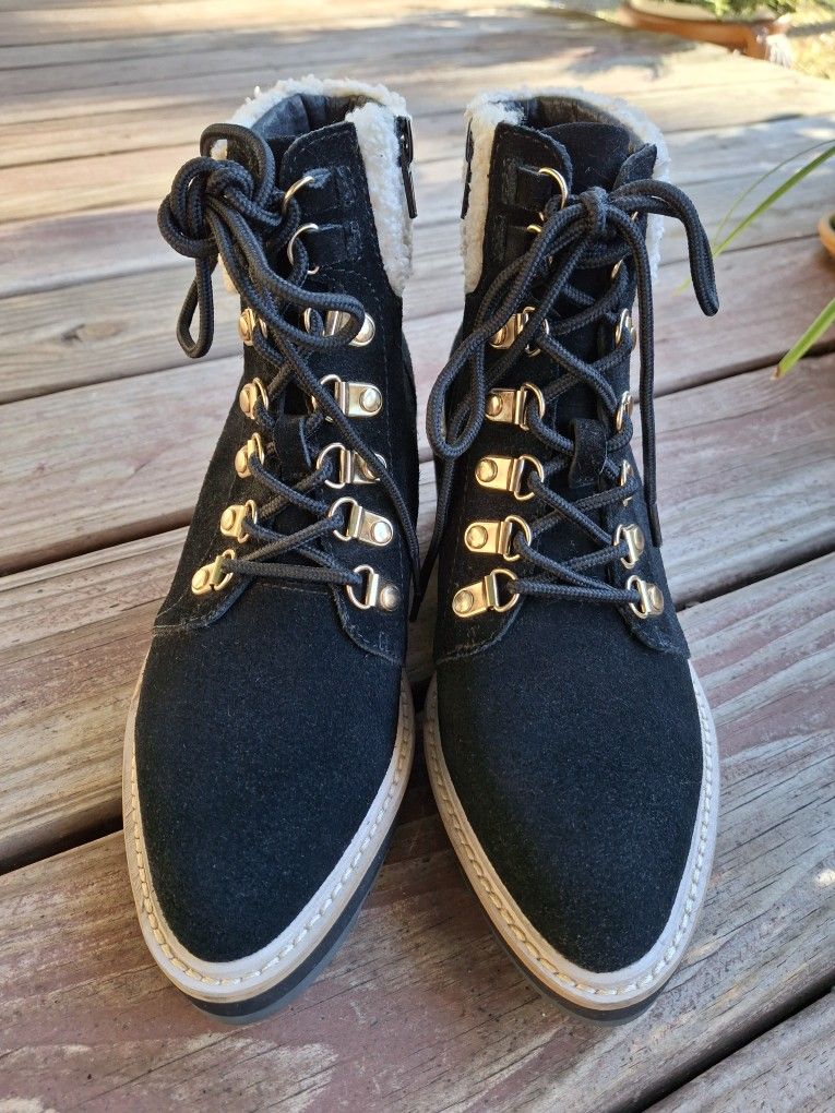Cecelia New York Black Brushed Leather Tie Boots Side Zipper 6.5