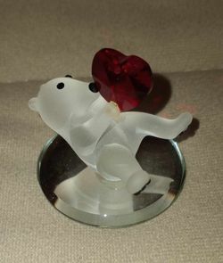 Valentine SMALL 2 inch crystal glass bear holding red heart on mirror base figurine  $3 FIRM