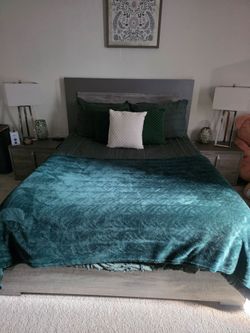 Gray Wood Queen Bed Frame with Headboard. 2 night stands 1 armour and 1 vanity dresser