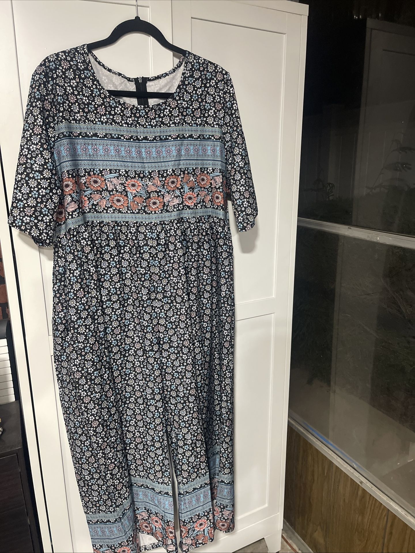 Women's Floral Jumpsuit 2xl Blue and Pink Wide Legged One Piece