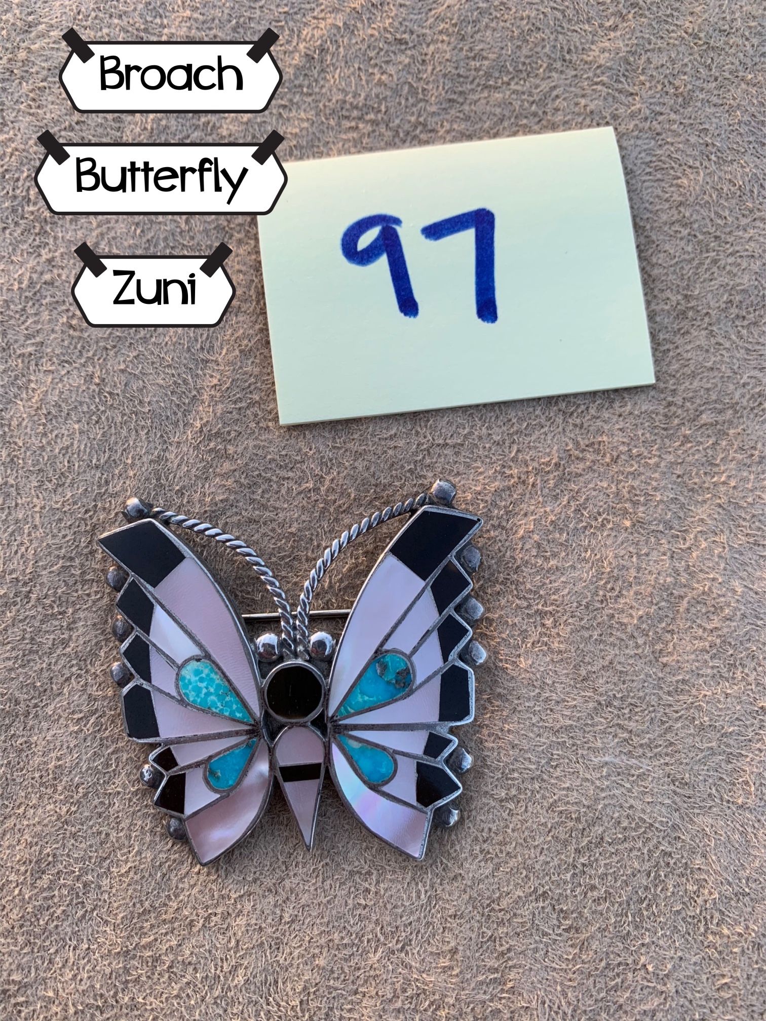 #97 Zuni Butterfly Broach Sterling Silver Turquoise Shell Jet