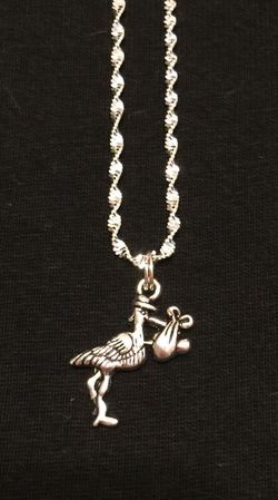 NEW Expecting Mothers Stork Carrying Bundle Charm on Sterling Silver Chain