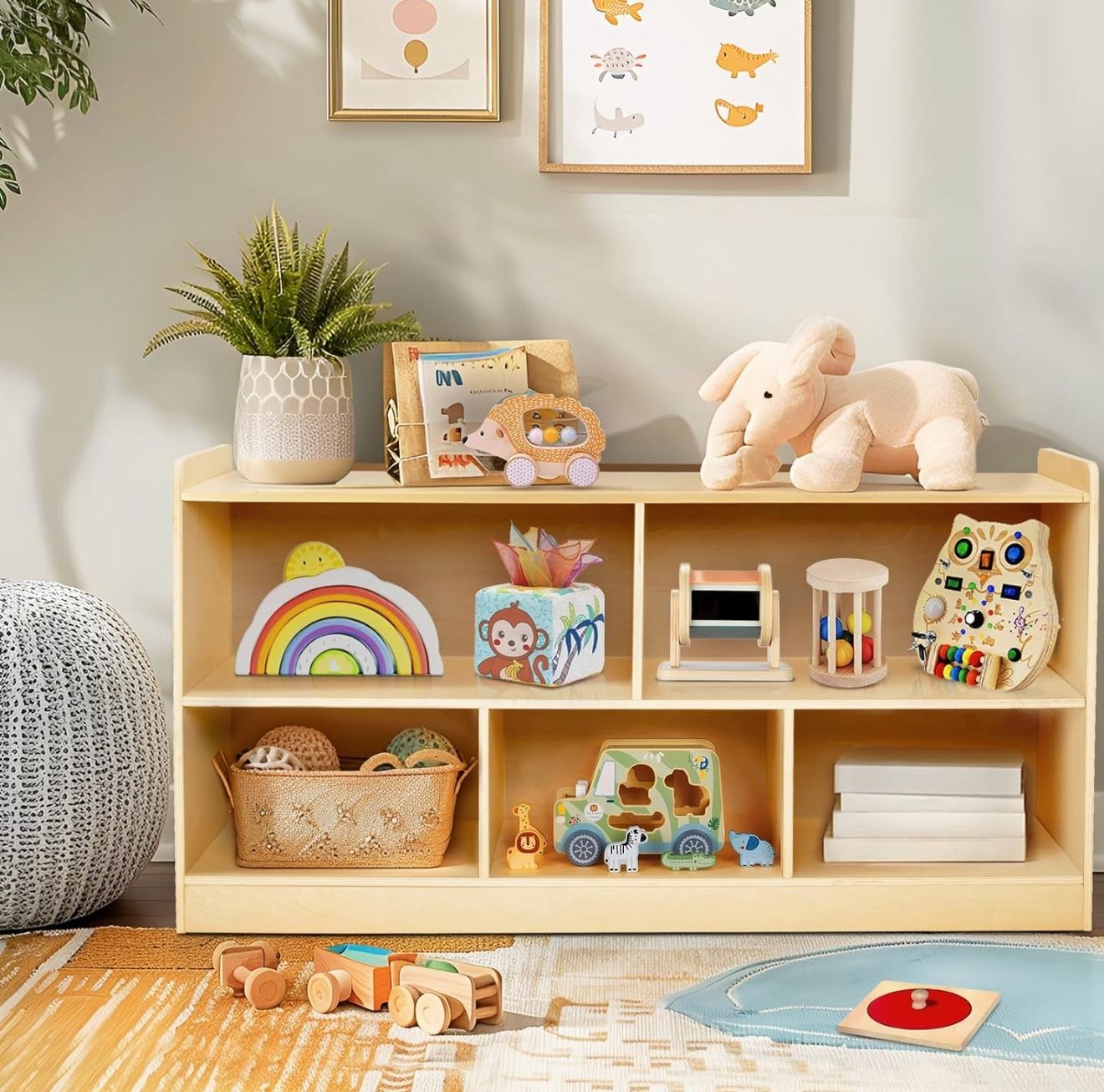 Montessori Shelf, Wooden Toy Storage Organizer for Books Toys, 2 Shelf Bookcase, 5-Section Storage