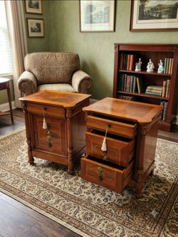 Pair of Inlaid Wood Nightstands with Floral Detail