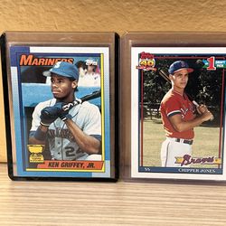 HOF’s Ken Griffey Jr and Chipper Jones Rookie Baseball Cards (1990 and 91 Topps) 🔥🔥 Sharp Cards!!