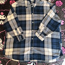 Oversized Blue & White Plaid Shirt Jacket - Size L