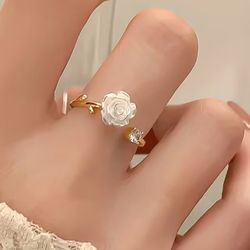 Cute Mini Cream Colored Rose Open Front Gold Tone Ring