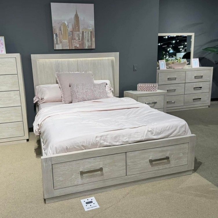 Light king queen size bed frame with storage drawer