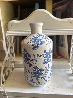 White Ceramic Vase with Blue Floral Pattern