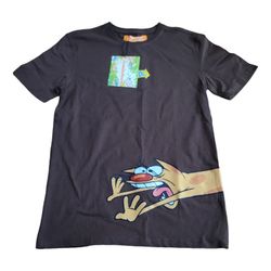 Nickelodeon Retro Cat Dog 90s Cartoon Brown Tshirt Velvet Wrap Around Print SZ S