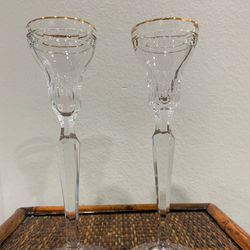 Pair of Marquis Waterford Hanover Crystal Candlestick Holders with Gold Rims 