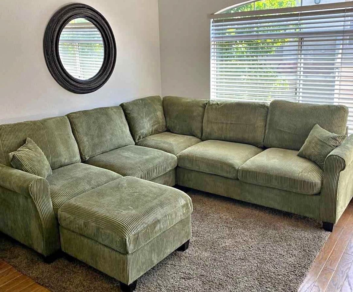 New 99x99 Sage Corduroy Sectional Couch With Ottoman