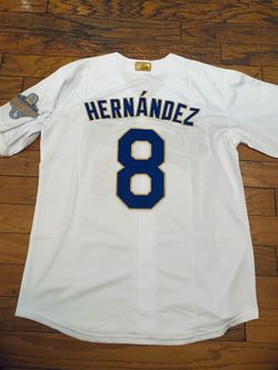 White gold blue Los Angeles kike Hernandez opening day championship jersey