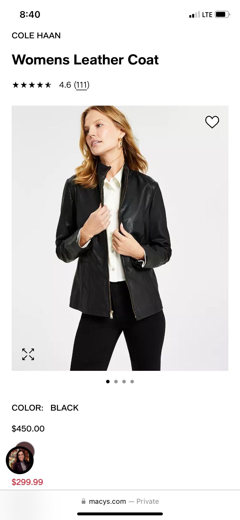 COLE HAAN Womens Leather Coat