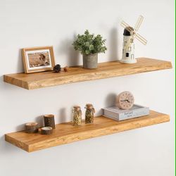 New Floating Shelves Set of 2, Solid Elm Wood Wall Shelves 32 Inch - Invisible Bracket Mount for Living Room, Bedroom, Kitchen, Bathroom - Natural