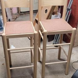 Pair of Wooden Bar Stools with Red Gingham Cushions