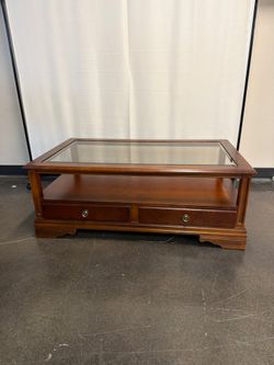Cherry Wood Rectangular Coffee Table with Glass Top