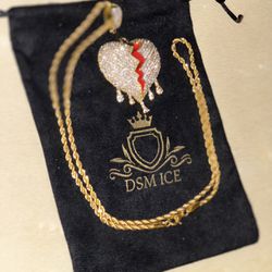 Icy Broken Heart Pendant 14k Gold Plated 22" Rope Hip Hop Men Women Necklace