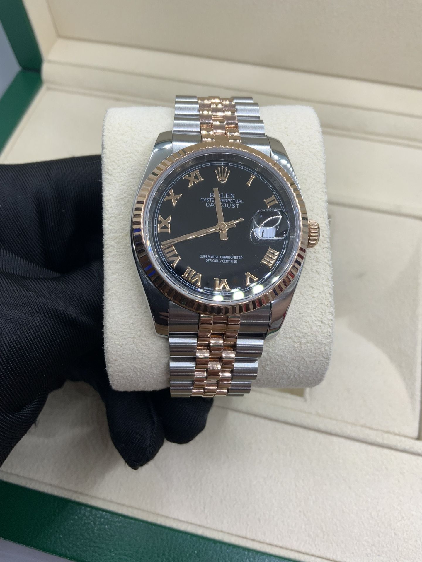New Rolex Datejust 36 Black Roman 18k Rose Gold Jubille
