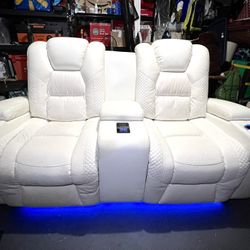 White Leather/ Vinyl Power Reclining Home Theater Console Loveseat with LED’s