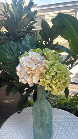 Rustic Glass Bottle Vase with Hydrangeas