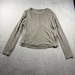 Vince Women’s Size M Brown Linen Henley Long Sleeve Shirt Pullover Pocket #3F