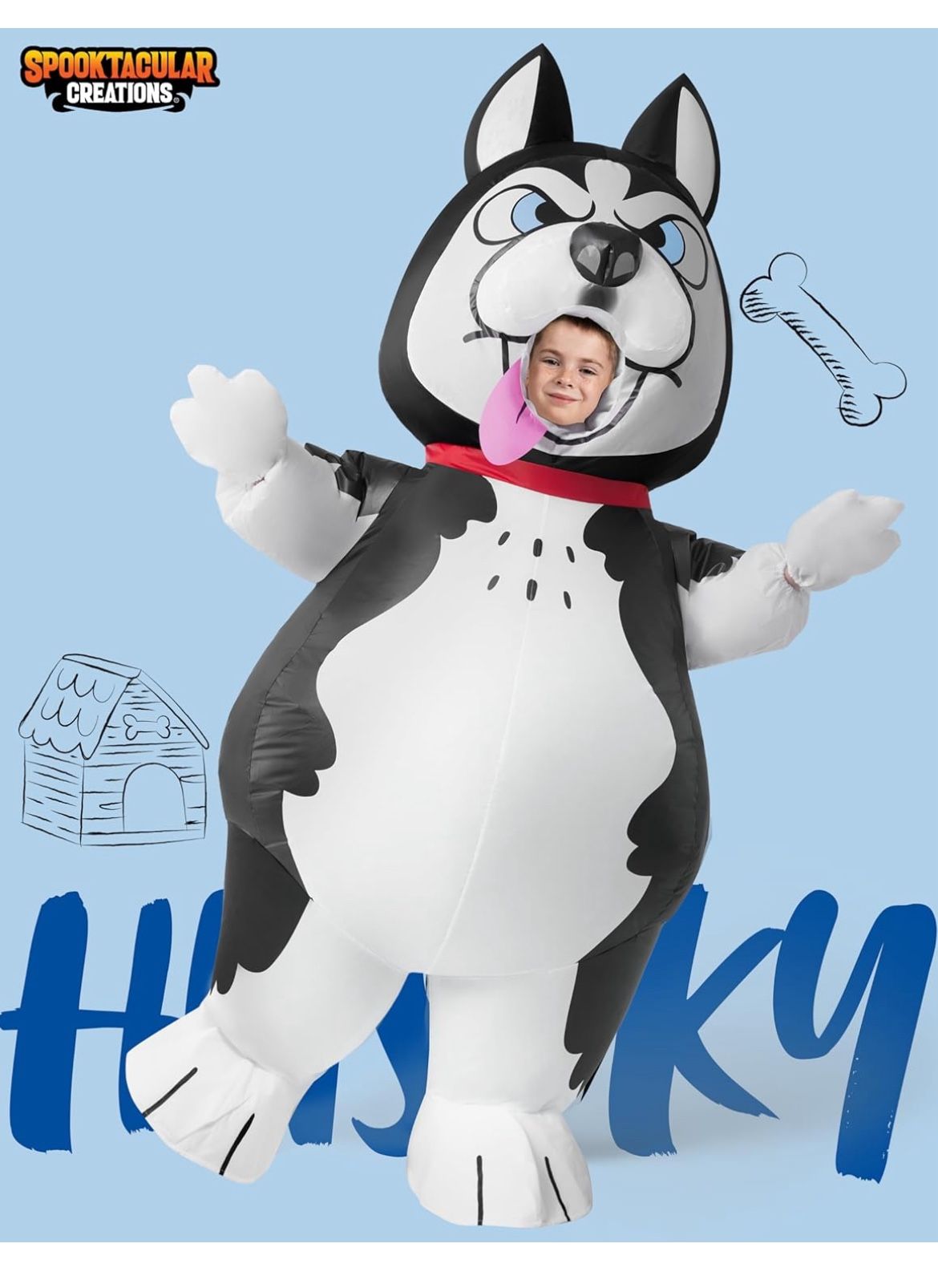 Spooktacular Creations Kids Halloween Inflatable Costumes, Husky Blow Up Costumes Boys with Gloves, Full Body Dog Inflatable Suit, Funny Puppy Hallowe