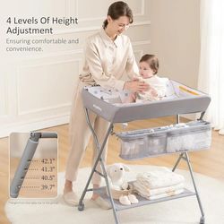 Baby Changing Table with Wheels, Maydolly Portable Adjustable Height Folding Diaper Station with Nursery Organizer & Storage Rack for Newborn Baby and