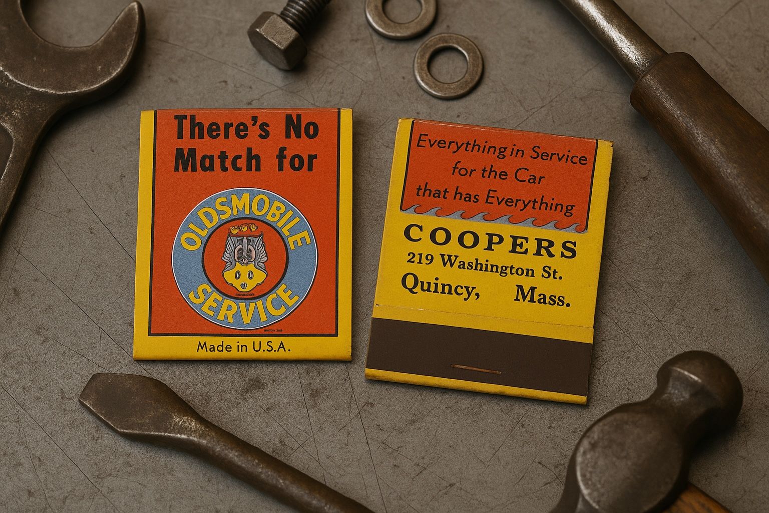 Oldsmobile Service Matchbook USA 1940s Coopers Quincy MA, Unused, Full