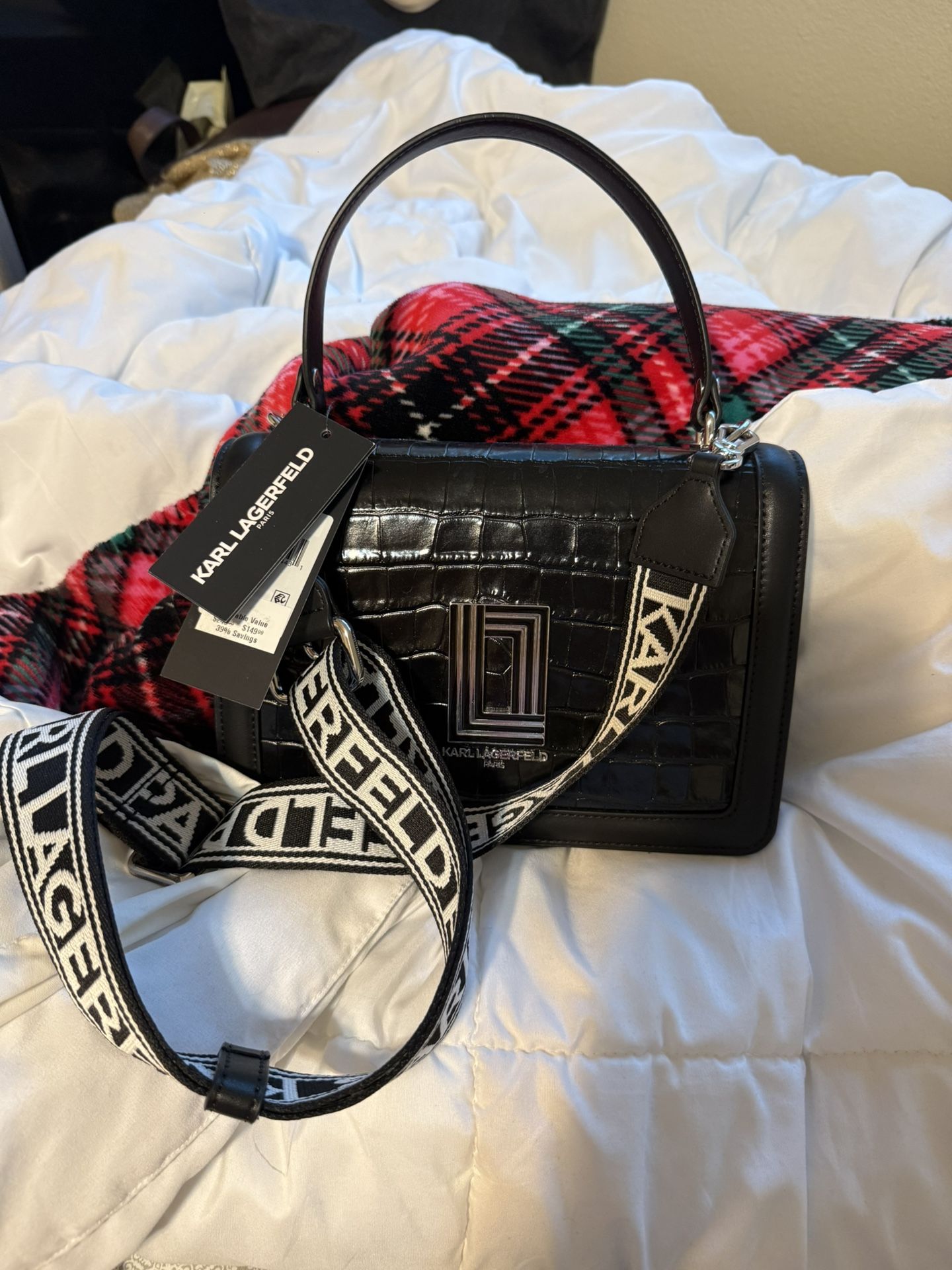 Brand New Karl Lagerfeld Shoulder Bag โ Black Croc with Logo Strap | Never Used