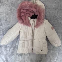 NWT BCBG Girls Puffer Jacket Winter Coat Faux Fur Hood Birch White Pink