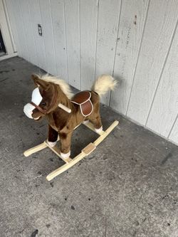 Read Post Kids Rocking Horse, Plush Toddler Rocker, Wooden Base Ride-On Toy 