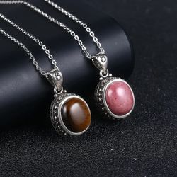 Natural Rhodochrosite Pendants Necklace 925 Sterling Silver Tiger Eye Stone 