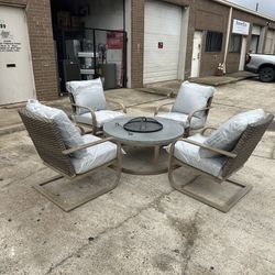 Hampton Bay Hampshire Place 5-Piece Steel Wicker Patio Fire Pit Set with CushionGuard Stone Gray Cushions