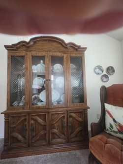 Large Wood China Cabinet with China Included