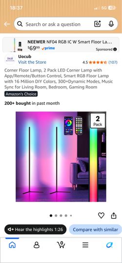 Corner Floor Lamp, 2 Pack LED Corner Lamp with App/Remote/Button Control, Smart RGB Floor Lamp with 16 Million DIY Colors, 300+Dynamic Modes, Music Sy