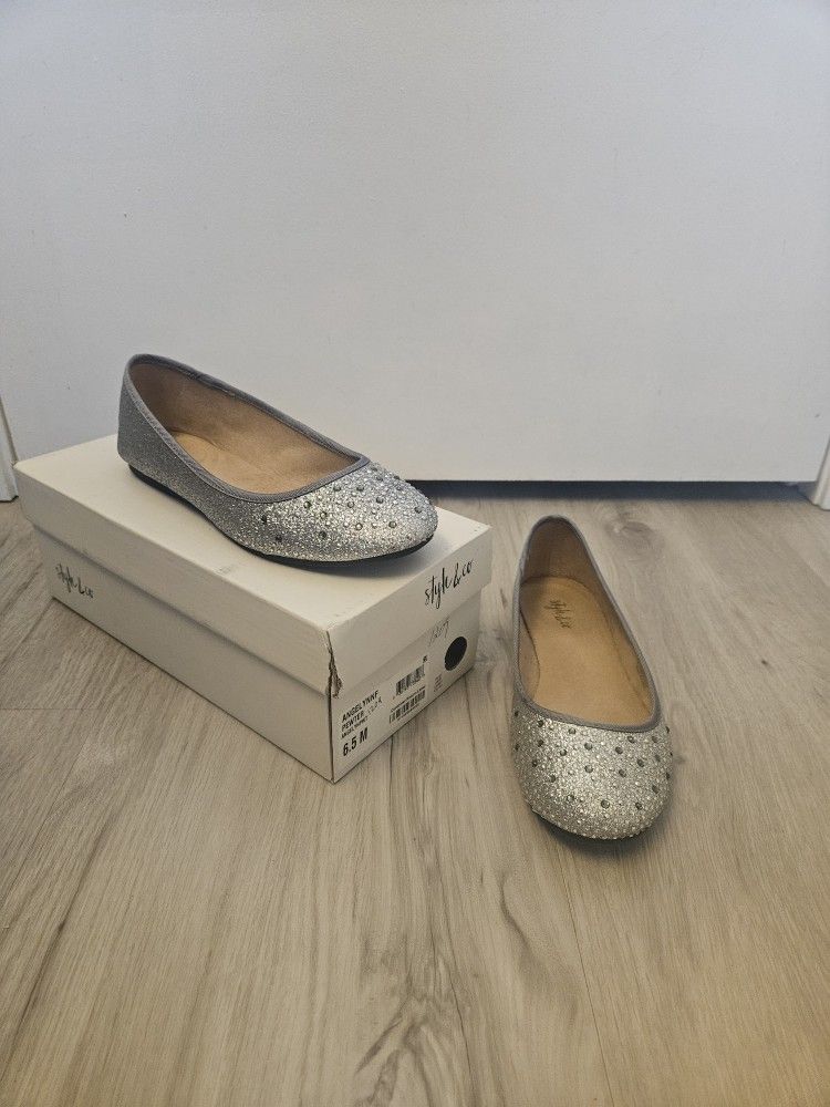 Style & Co Silver Flats Ballet Slip On Shoes Embellished Women’s Sz 6.5 M