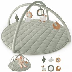 Baby Play Gym & Tummy Time Mat - Soft Cotton Mat with 6 Toys for Boys/Girls - Stylish Activity Playm