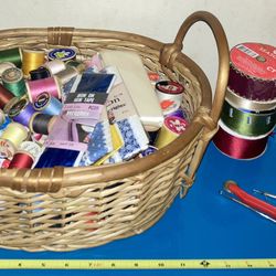 Lots Of Sewing Thread in A Nice Basket, Jar Of Over 100 Buttons, Craft Ribbon And Misc. Sewing Tools 