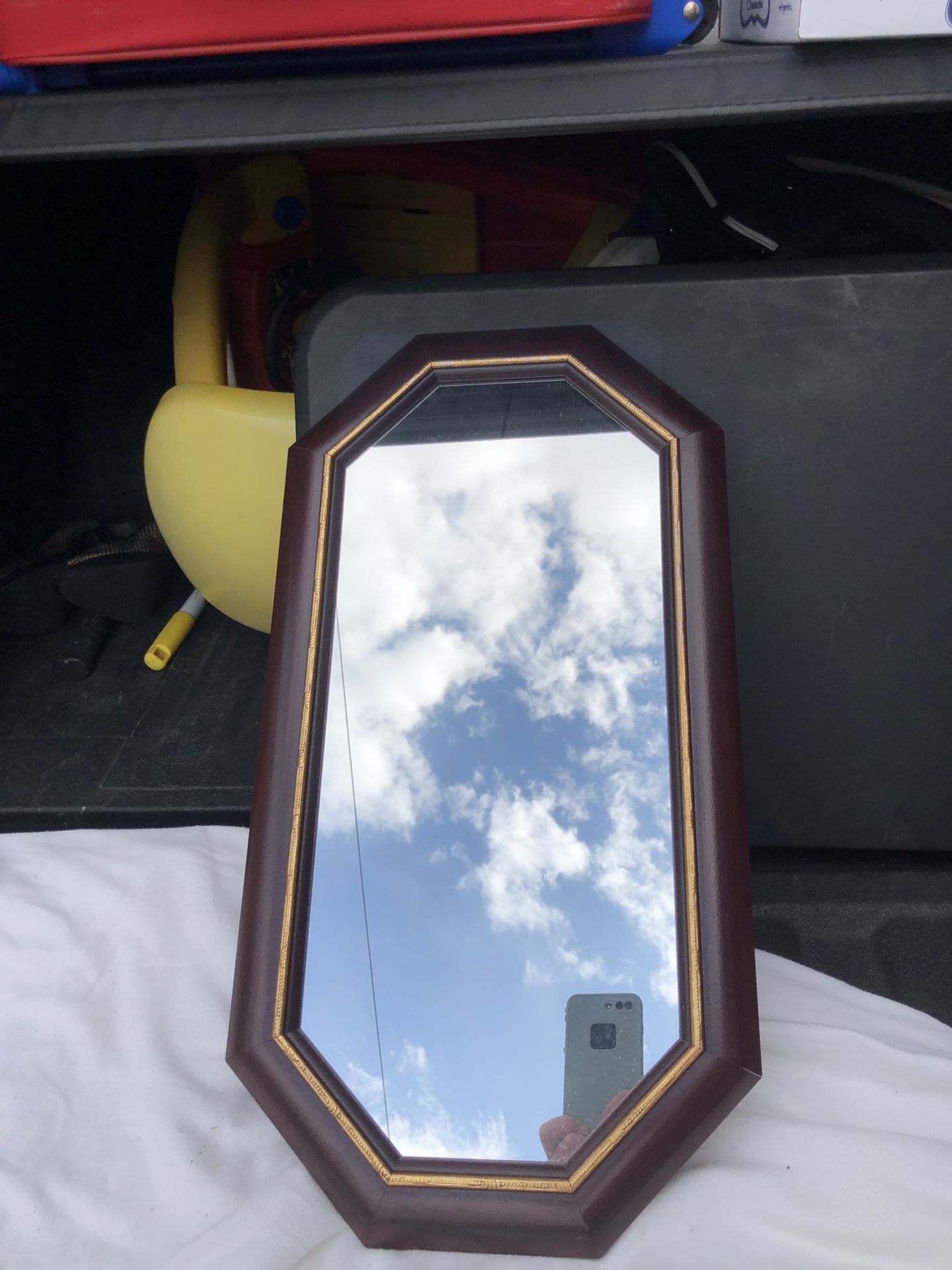 Home Interior Mirror, 23” x 12”, brown wood with gold trim