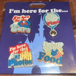 DISNEY PARKS “I’m Here For The” PIN SET X4 (NEW)